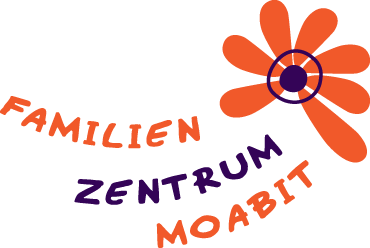 Grafik: Logo Familienzentrum Moabit-Ost - Schriftzug unter orangener siebenblütriger Blüte