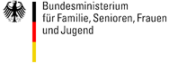Logo Bundesministreium für Familie, Senioren, Frauen und Jugend. Bundesadler, Balken schwarz-rot-gelb, Schriftzug.