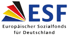 Logo ESF. Grafik Fächer blau-gelb-rot-schwarz mit Akronym re. und Schriftzug Europäischer Sozialfonds Deutschland darunter