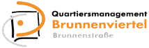Logo: Grafik mit Schriftzug Quartiersmanagement Brunnenviertel Brunnenstraße, schwarz-orange-grau